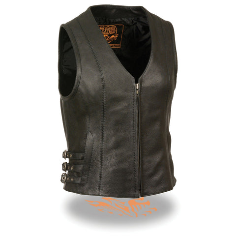 Milwaukee Leather MLL4510 Ladies Black Leather V-Neck Vest With Side Buckles - Milwaukee Leather Womens Leather Vests