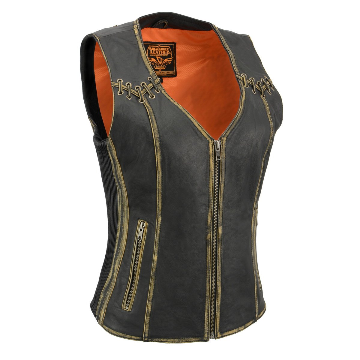 Milwaukee Leather MLL4527 Women's Distress Brown Leather Motorcycle Rider Vest- Stretch Side Panel W/ Lacing Detail