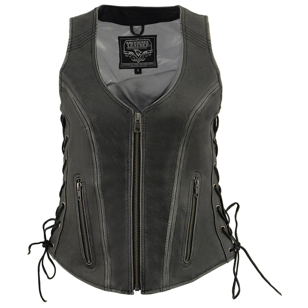 Milwaukee Leather MLL4531 Women's Distress Grey Leather Open V-Neck Side Lace Stitching Detail Motorcycle Rider Vest