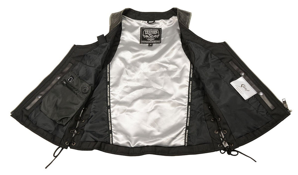 Milwaukee Leather MLL4531 Black Women's Open Neck Side Lace Front Zipper Leather Vest with Gun Pockets - Milwaukee Leather Womens Leather Vests