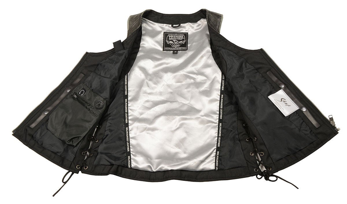 Milwaukee Leather MLL4531 Black Women's Open Neck Side Lace Front Zipper Leather Vest with Gun Pockets - Milwaukee Leather Womens Leather Vests