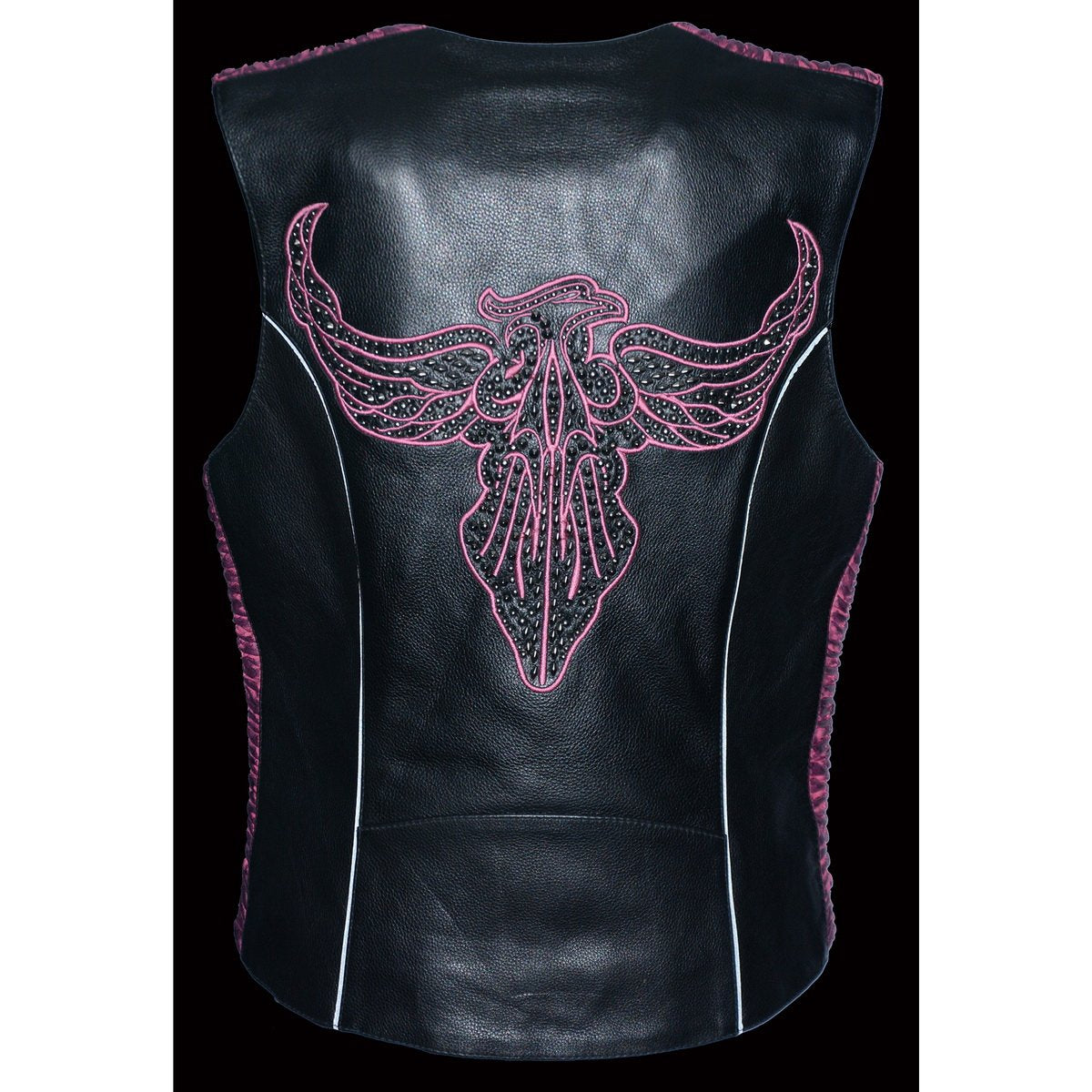 Milwaukee Leather MLL4570 Ladies 'Studded Phoenix' Black and Fuchsia Leather Vest - Milwaukee Leather Womens Leather Vests
