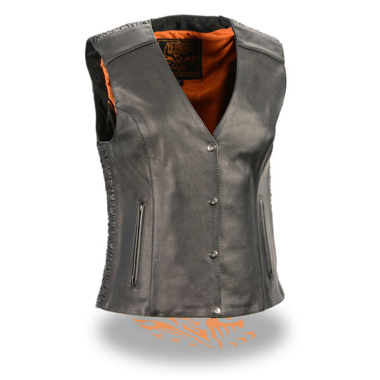 Milwaukee Leather MLL4570 Ladies 'Studded Phoenix' Black Leather Vest with Snap Button Closure - Milwaukee Leather Womens Leather Vests