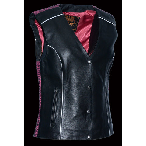 Milwaukee Leather MLL4570 Ladies 'Studded Phoenix' Black and Fuchsia Leather Vest - Milwaukee Leather Womens Leather Vests