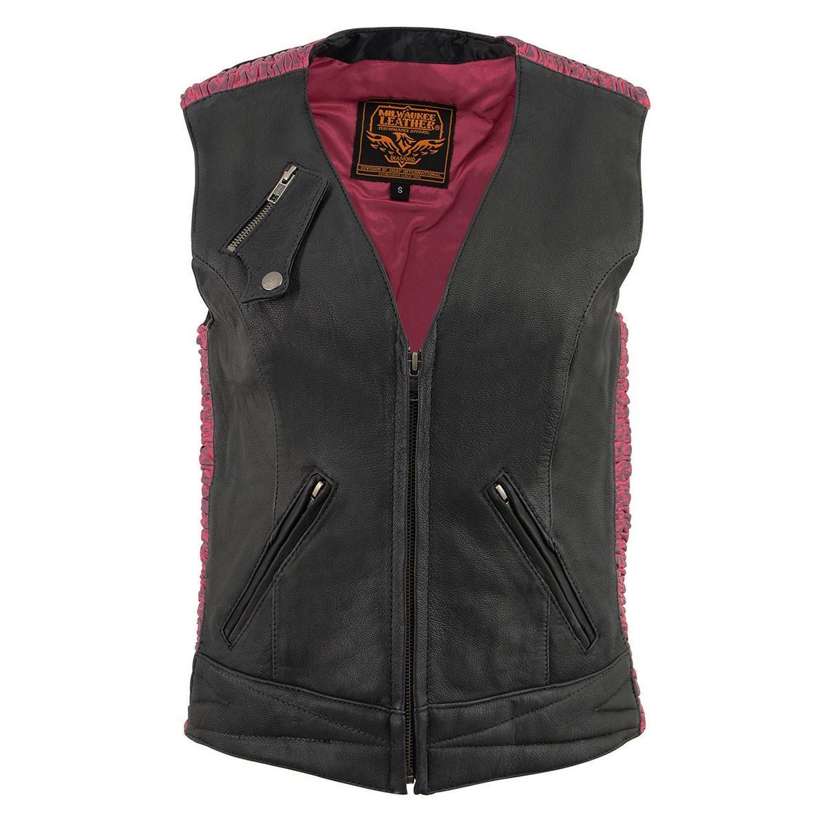 Milwaukee Leather MLL4571 Ladies 'Crinkled' Black and Pink Lightweight Leather Vest