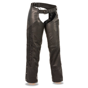 Milwaukee Leather MLL6500 Ladies Black Leather Hip Set Chaps with Crinkled Leg Striping - Milwaukee Leather Womens Leather Chaps