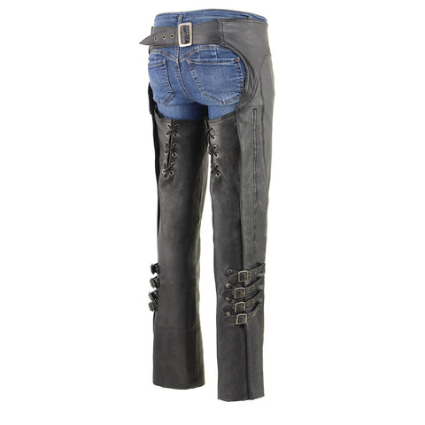 Milwaukee Leather Chaps for Women Black Naked Skin 4-Buckle Accent on Bottom Thigh Lace Motorcycle Chap - MLL6520