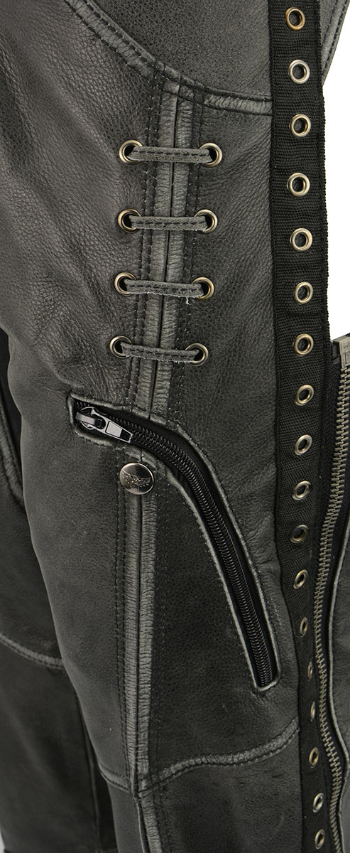 Milwaukee Leather Chaps for Women Distress Grey Premium Skin Accent Lace Grommet Details Motorcycle Chap MLL6536 Grey XX Small
