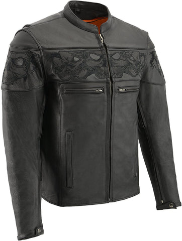 Milwaukee Leather MLM1500 Men's Crossover Black Leather Scooter Jacket with Reflective Skulls and Gun Pockets - Milwaukee Leather Mens Leather Jackets