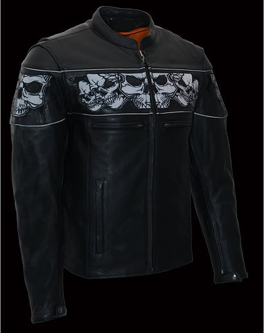 Milwaukee Leather MLM1500 Men's Crossover Black Leather Scooter Jacket with Reflective Skulls and Gun Pockets - Milwaukee Leather Mens Leather Jackets
