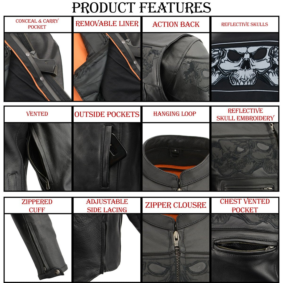 Milwaukee Leather MLM1501 Men's 'Cool-Tec' Black Leather Crossover Scooter Jacket with Reflective Skulls and Gun Pockets - Milwaukee Leather Mens Leather Jackets
