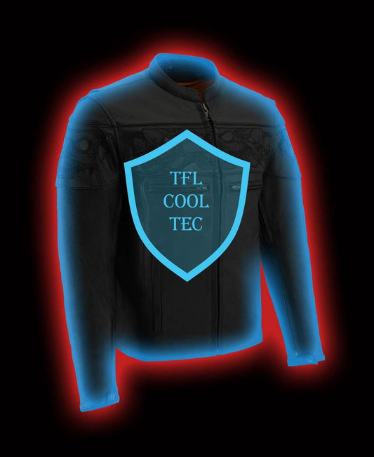 Milwaukee Leather MLM1501 Men's 'Cool-Tec' Black Leather Crossover Scooter Jacket with Reflective Skulls and Gun Pockets - Milwaukee Leather Mens Leather Jackets