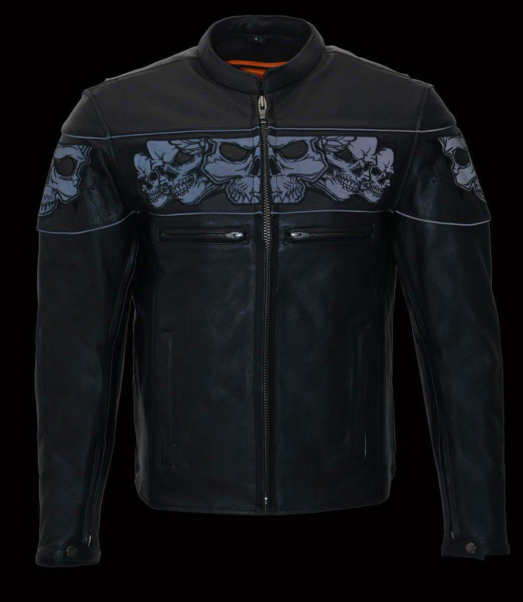 Milwaukee Leather MLM1501 Men's 'Cool-Tec' Black Leather Crossover Scooter Jacket with Reflective Skulls and Gun Pockets - Milwaukee Leather Mens Leather Jackets