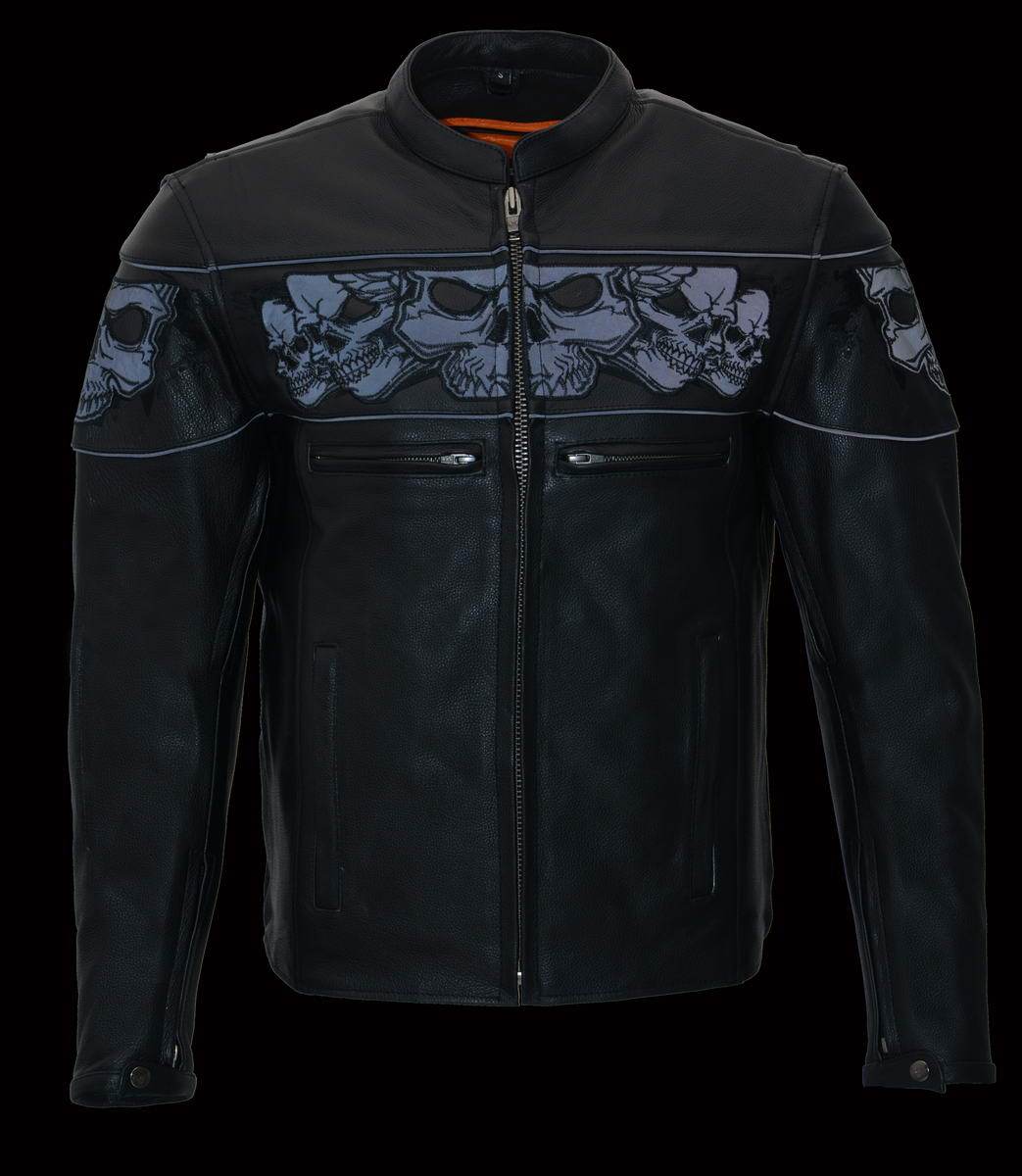 Milwaukee Leather MLM1501 Men's 'Cool-Tec' Black Leather Crossover Scooter Jacket with Reflective Skulls and Gun Pockets - Milwaukee Leather Mens Leather Jackets