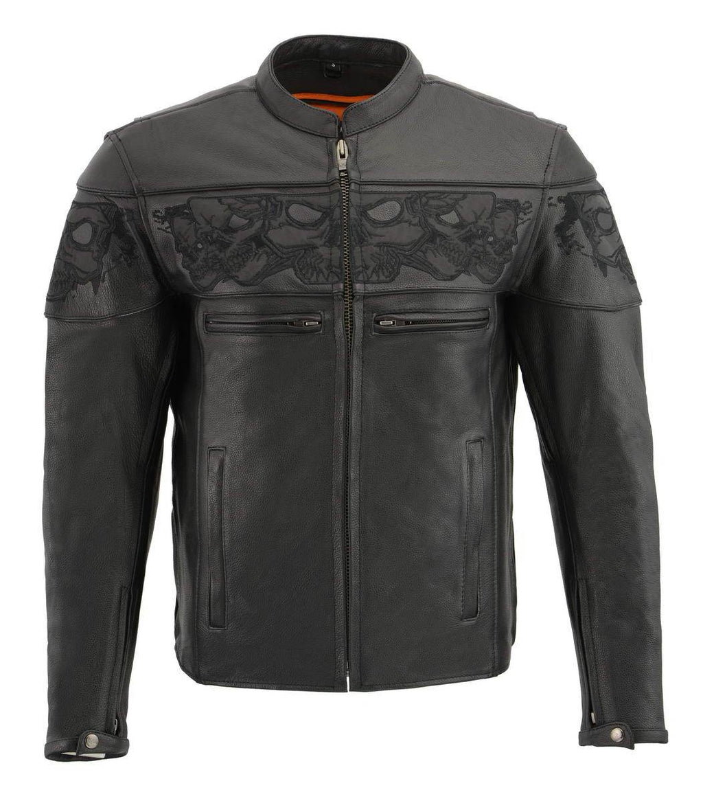 Milwaukee Leather MLM1501 Men's 'Cool-Tec' Black Leather Crossover Scooter Jacket with Reflective Skulls and Gun Pockets - Milwaukee Leather Mens Leather Jackets