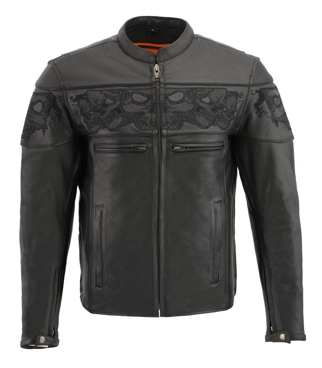 Milwaukee Leather MLM1501 Men's 'Cool-Tec' Black Leather Crossover Scooter Jacket with Reflective Skulls and Gun Pockets - Milwaukee Leather Mens Leather Jackets