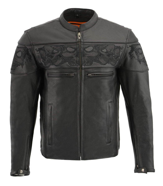 Milwaukee Leather MLM1501 Men's 'Cool-Tec' Black Leather Crossover Scooter Jacket with Reflective Skulls and Gun Pockets - Milwaukee Leather Mens Leather Jackets