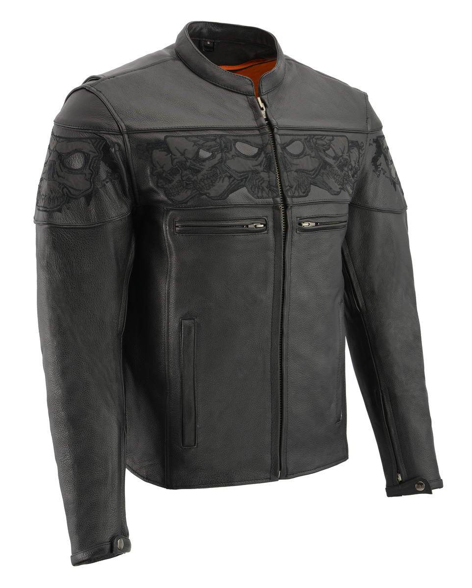 Milwaukee Leather MLM1501 Men's 'Cool-Tec' Black Leather Crossover Scooter Jacket with Reflective Skulls and Gun Pockets - Milwaukee Leather Mens Leather Jackets