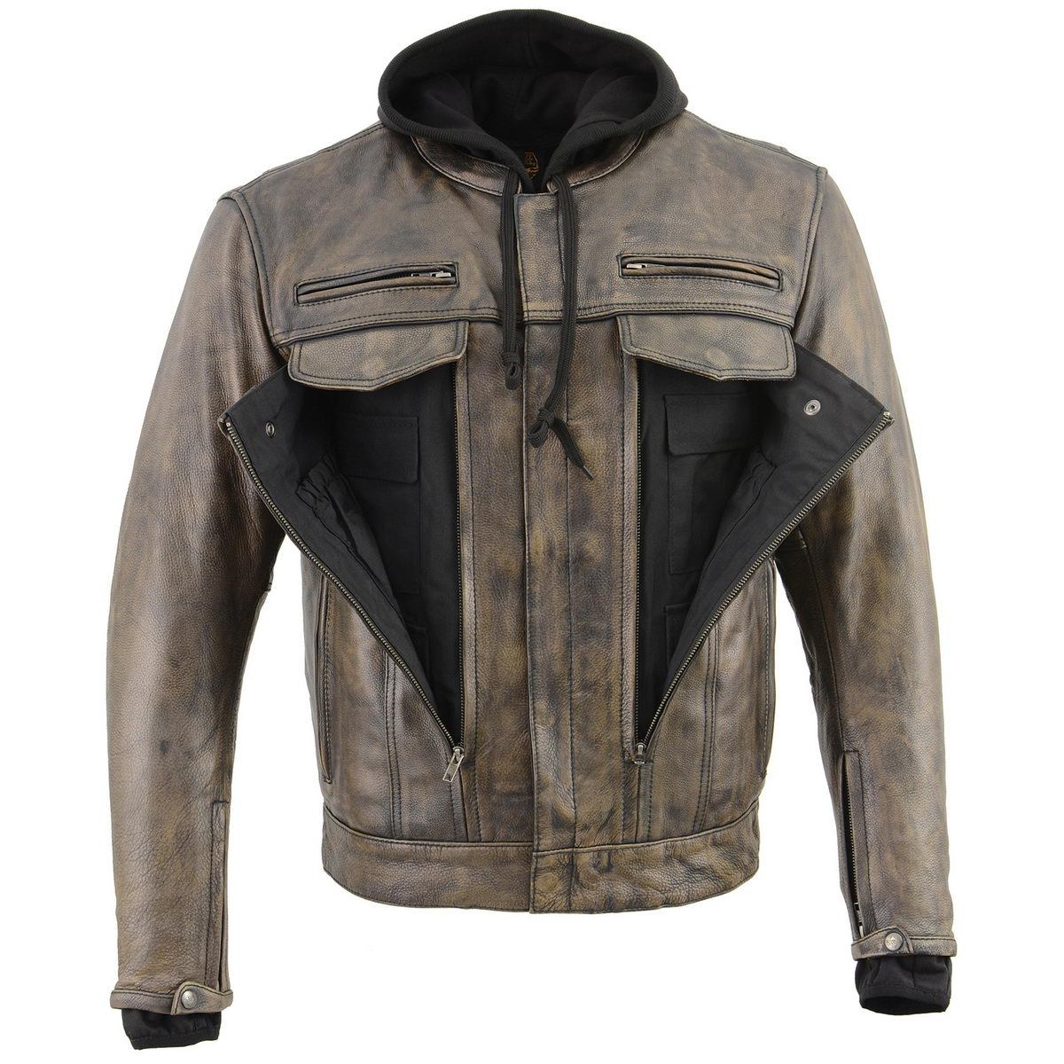 Milwaukee Leather MLM1538 Men's Distressed Brown Leather ‘Utility Pocket’ Vented Jacket with Removable Hoodie