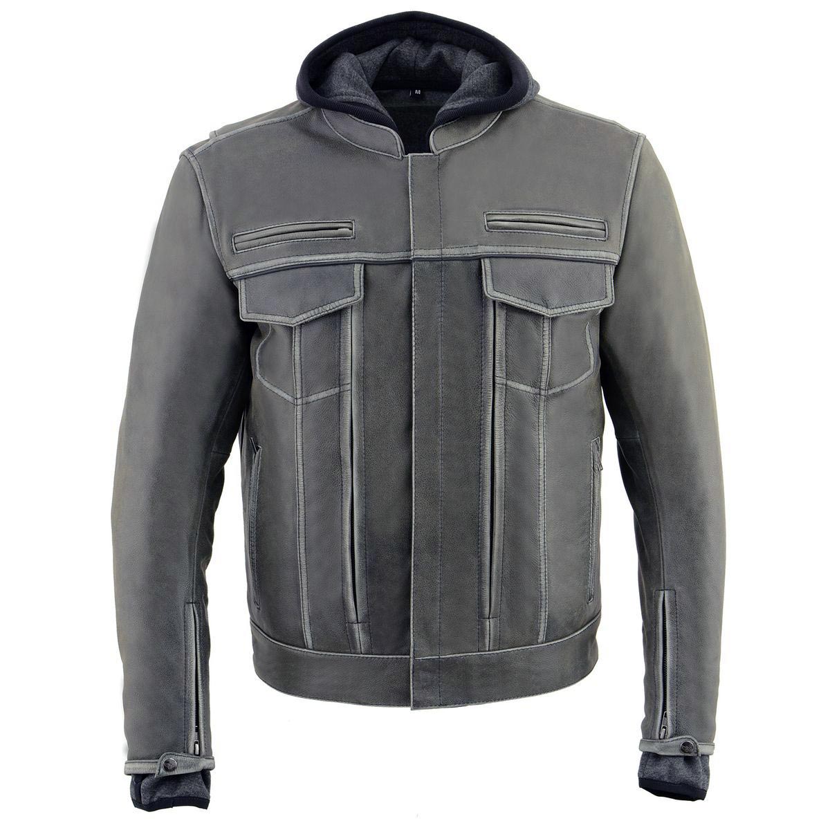 Milwaukee Leather MLM1539 Men's Distressed Grey Leather ‘Utility Pocket’ Vented Jacket with Removable Hoodie