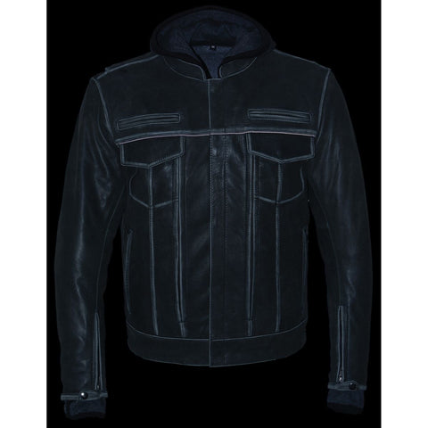 Milwaukee Leather MLM1539 Men's Distressed Grey Leather ‘Utility Pocket’ Vented Jacket with Removable Hoodie