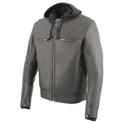 Milwaukee Leather MLM1552 Men's Black Leather ‘Utility Pocket’ Vented Jacket with Removable Hoodie