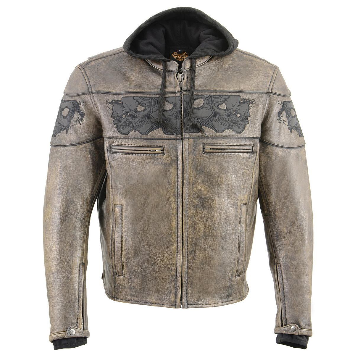 Milwaukee Leather MLM1561 Men's Distress Brown Leather Jacket with Reflective Skulls