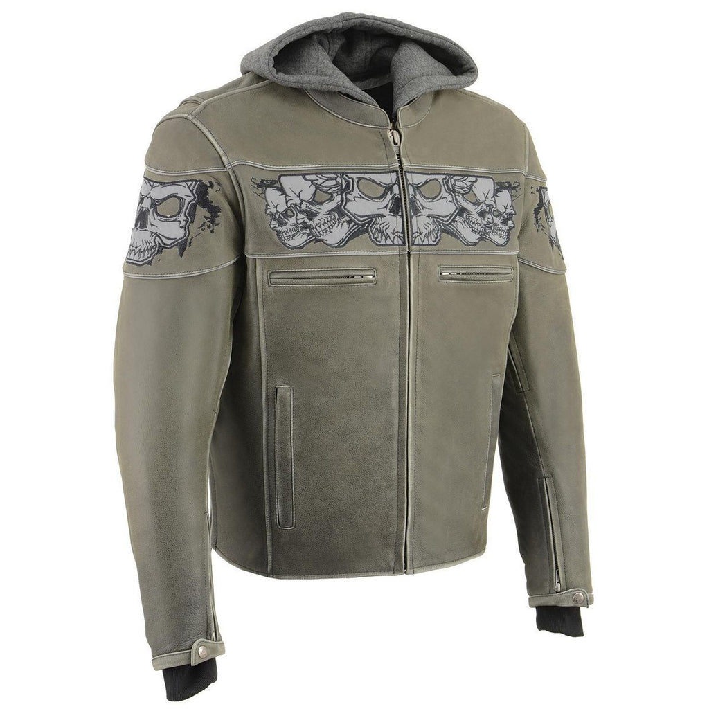 Milwaukee Leather MLM1562 Men's Distress Grey Leather Jacket with Reflective Skulls