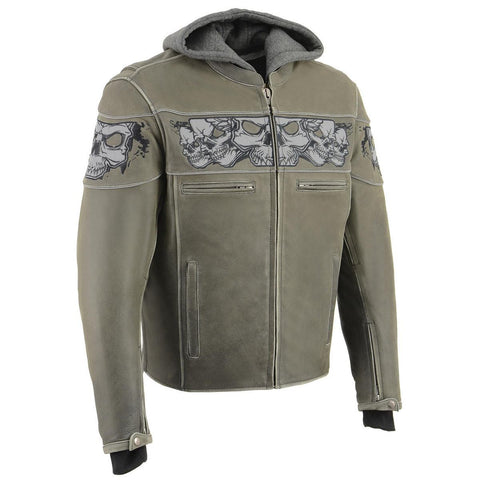 Milwaukee Leather MLM1562 Men's Distress Grey Leather Jacket with Reflective Skulls