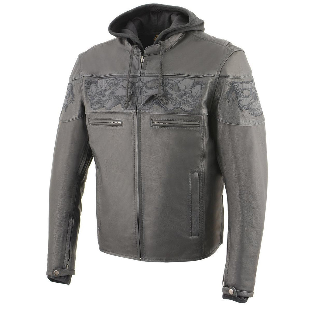Milwaukee Leather MLM1563 Men's ‘Cross Over’ Black Leather Jacket with Reflective Skulls
