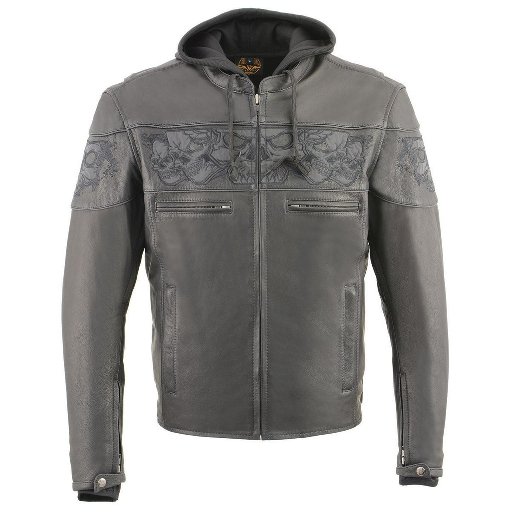 Milwaukee Leather MLM1563 Men's ‘Cross Over’ Black Leather Jacket with Reflective Skulls