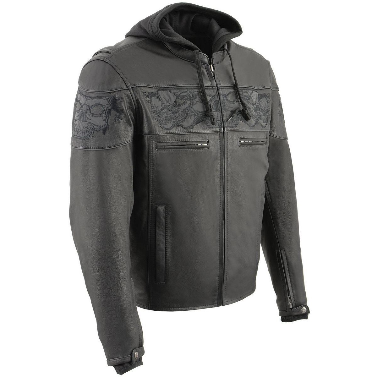 Milwaukee Leather MLM1563 Men's ‘Cross Over’ Black Leather Jacket with Reflective Skulls