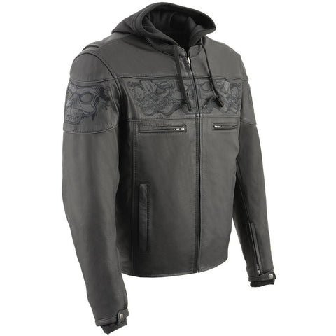 Milwaukee Leather MLM1563 Men's ‘Cross Over’ Black Leather Jacket with Reflective Skulls