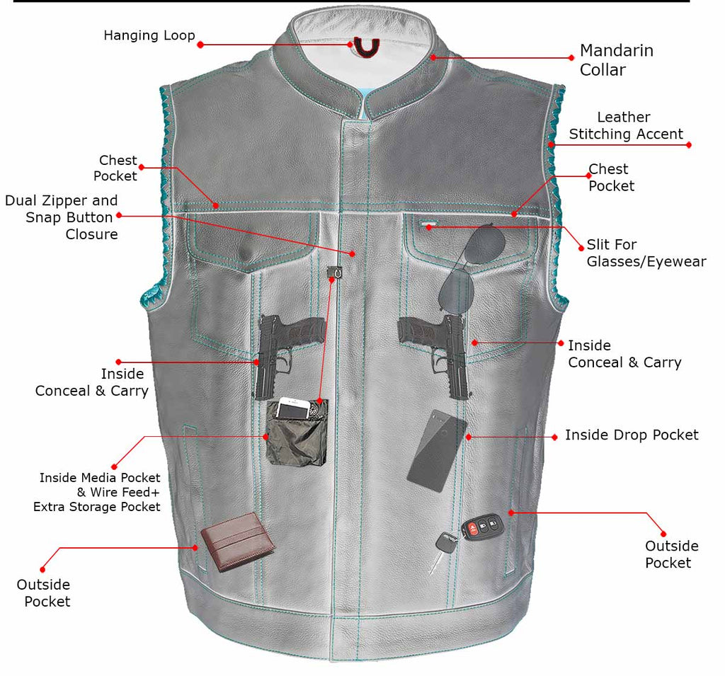 Milwaukee Leather MLM3506 Men’s ‘Old Glory’ Black Leather with Red Stitching Vest and Laced Arm Holes