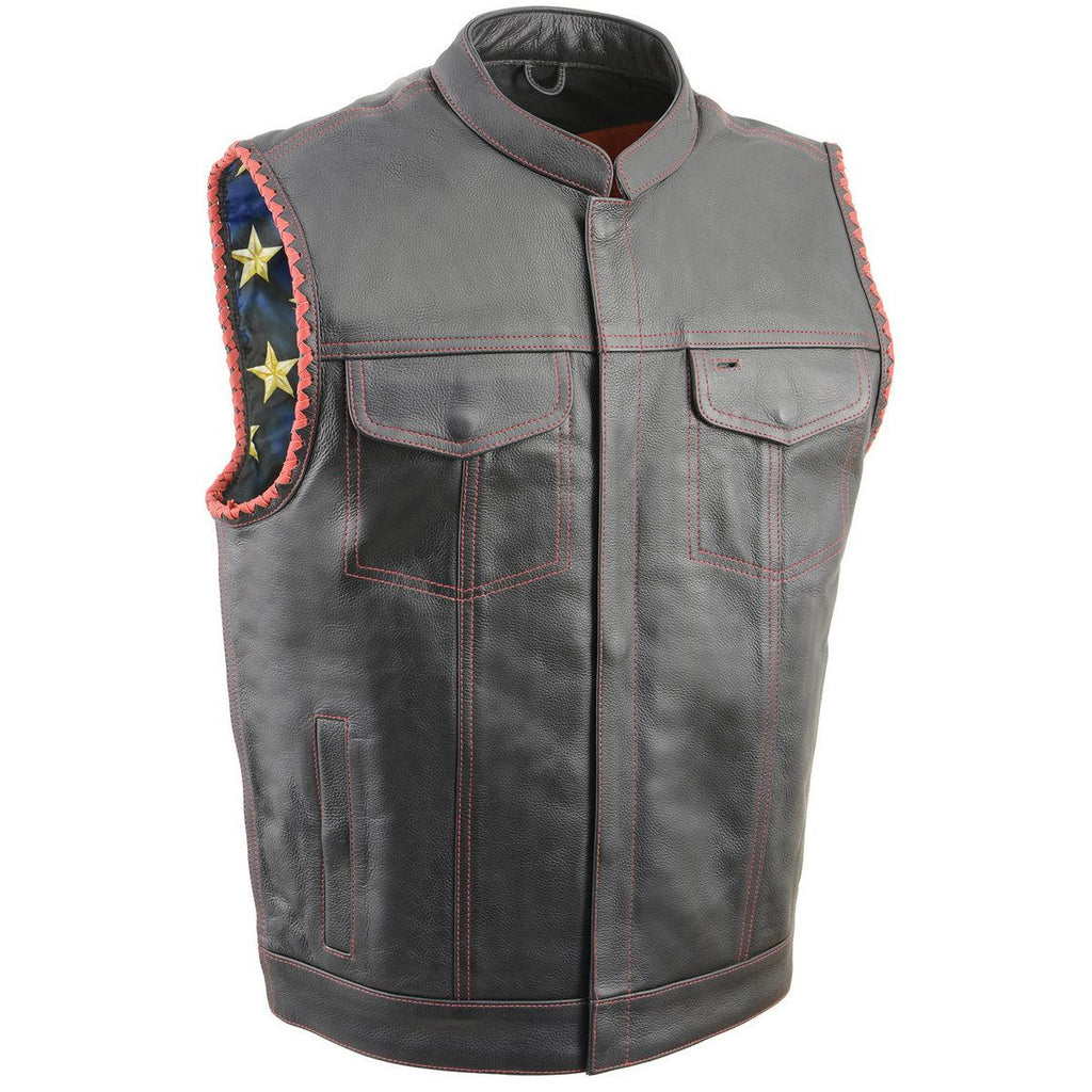 Milwaukee Leather MLM3506 Men’s ‘Old Glory’ Black Leather with Red Stitching Vest and Laced Arm Holes