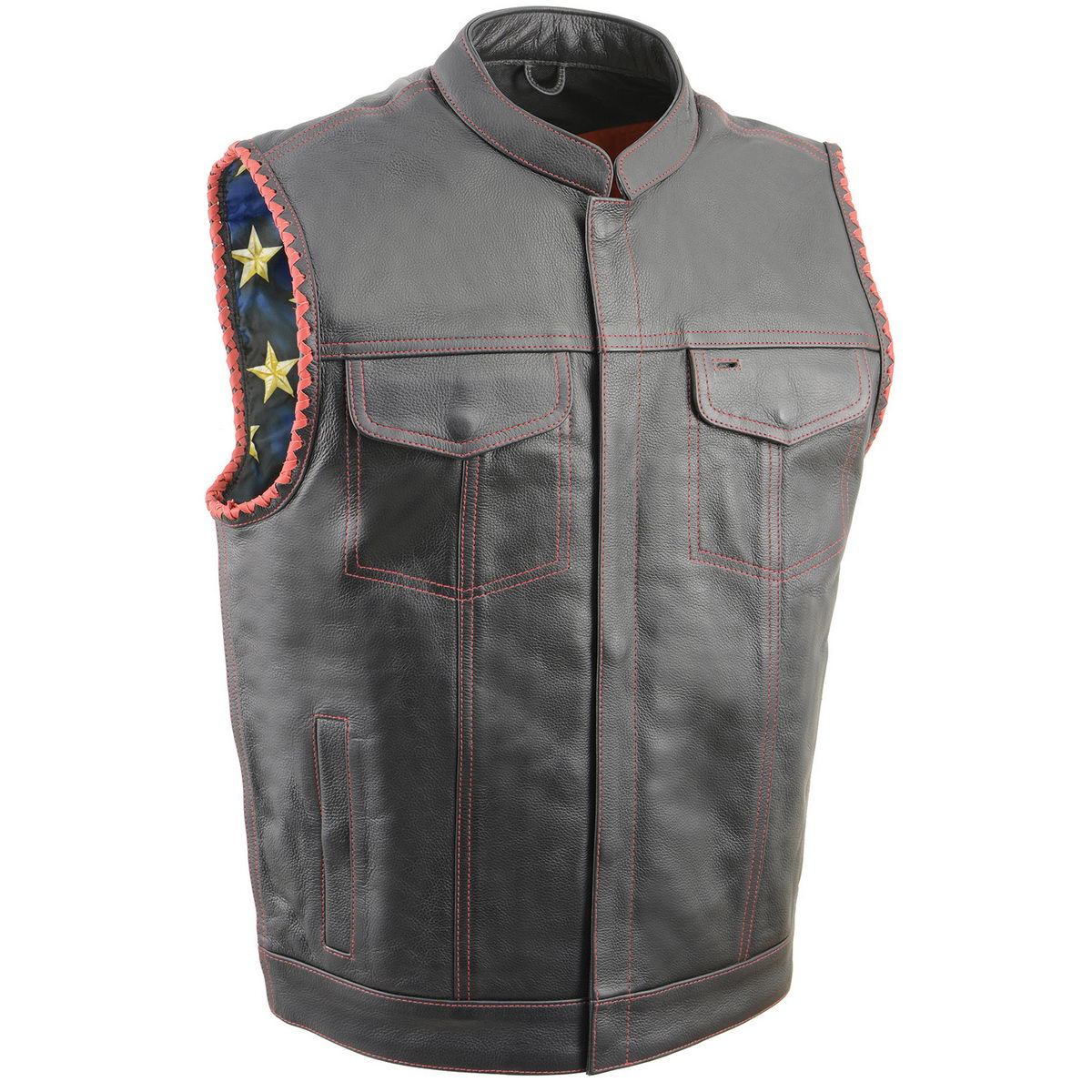 Milwaukee Leather MLM3506 Men’s ‘Old Glory’ Black Leather with Red Stitching Vest and Laced Arm Holes