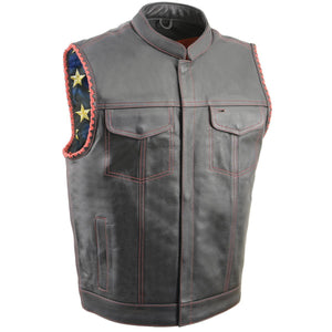 Milwaukee Leather MLM3506 Men’s ‘Old Glory’ Black Leather with Red Stitching Vest and Laced Arm Holes