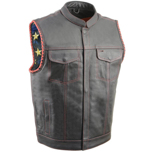 Milwaukee Leather MLM3506 Men’s ‘Old Glory’ Black Leather with Red Stitching Vest and Laced Arm Holes