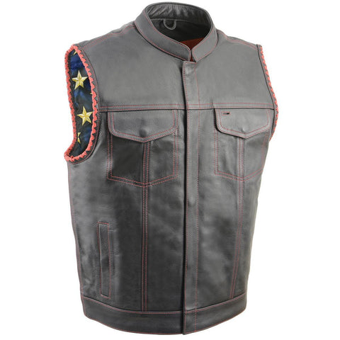 Milwaukee Leather MLM3506 Men’s ‘Old Glory’ Black Leather with Red Stitching Vest and Laced Arm Holes