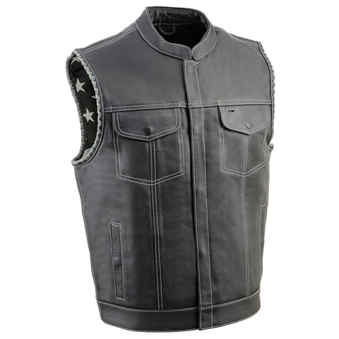 Milwaukee Leather MLM3507 Men's Black Naked Leather Vest - Old Glory Laced Armholes Grey Stitching Club Style Vest
