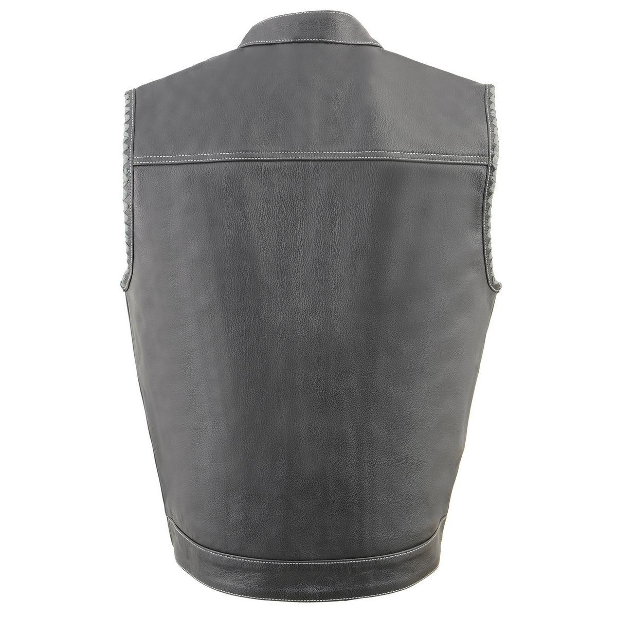 Milwaukee Leather MLM3507 Men’s ‘Old Glory’ Black Leather with Grey Stitching Vest and Laced Arm Holes