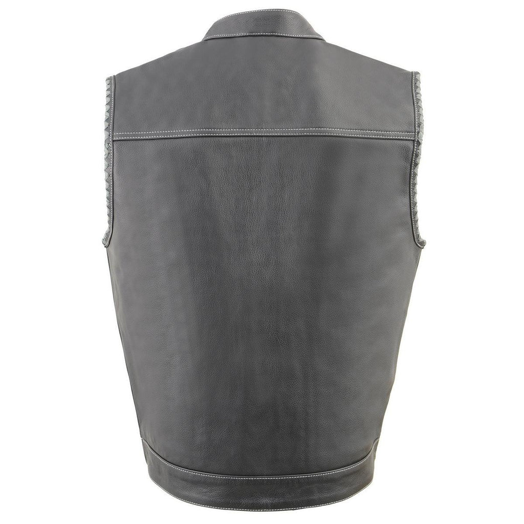 Milwaukee Leather MLM3507 Men’s ‘Old Glory’ Black Leather with Grey Stitching Vest and Laced Arm Holes
