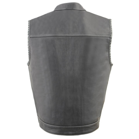 Milwaukee Leather MLM3507 Men’s ‘Old Glory’ Black Leather with Grey Stitching Vest and Laced Arm Holes