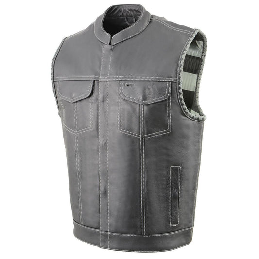 Milwaukee Leather MLM3507 Men’s ‘Old Glory’ Black Leather with Grey Stitching Vest and Laced Arm Holes