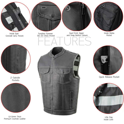 Milwaukee Leather MLM3507 Men's Black Naked Leather Vest - Old Glory Laced Armholes Grey Stitching Club Style Vest