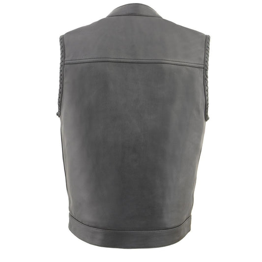 Milwaukee Leather MLM3508 Men's Black Naked Leather Vest - Old Glory Laced Armholes Black Stitching Club Style Vest