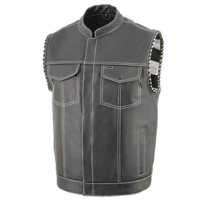 Milwaukee Leather MLM3509 Old Glory Laced Arm Holes Black Motorcycle Leather Vest for Men with White Stitching