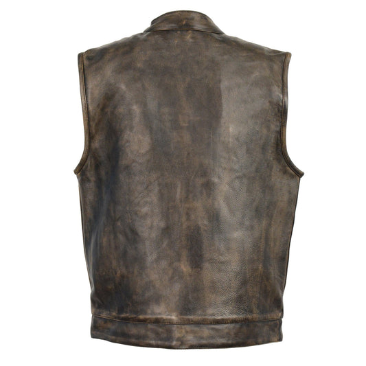 Milwaukee Leather MLM3510 Men's 'Club' Distressed Brown Open Neck Vest with Zipper Closure - Milwaukee Leather Mens Leather Vests