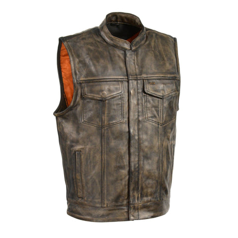 Milwaukee Leather MLM3510 Men's 'Club' Distressed Brown Open Neck Vest with Zipper Closure - Milwaukee Leather Mens Leather Vests