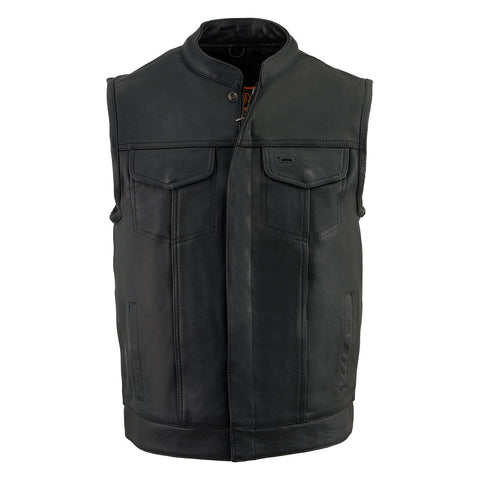 Milwaukee Leather MLM3510 Men's Black Premium Leather Club Style Vest - Dual Closure Open Neck Motorcycle Rider Vest